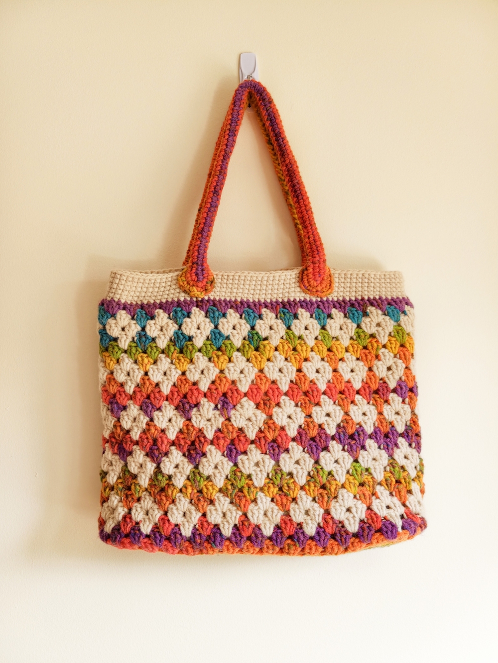 Handmade Multicolor Crochet Tote Bag - Cream & Rainbow